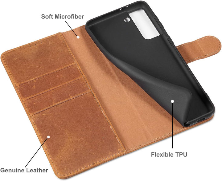 LENSUN Echtleder Hülle für Samsung Galaxy S21 Plus, Handyhülle [Echtes Leder] [Magnetverschluss] [Ka