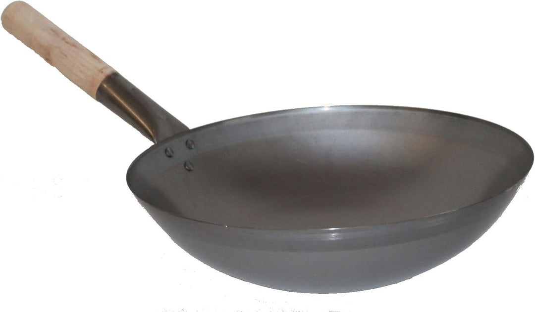 WOK SET, Pfanne 40 cm Ø runder Boden Carbon Stahl für Gasherd und Induktion Mulde + Wok Ring zum Abs