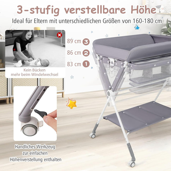 DREAMADE Wickeltisch Klappbar, Tragbare Wickelstation Baby mit Wasserbecken, Aufbewahrungskorb, Sich