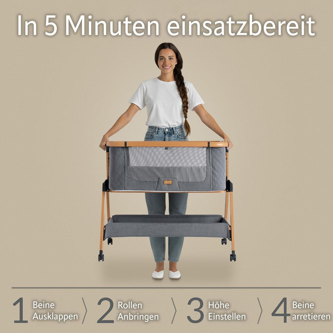 SnooBee Babybett Beistellbett Baby & Co-Sleeper – Höhenverstellbares Babybett mit Matratze, Rollen m