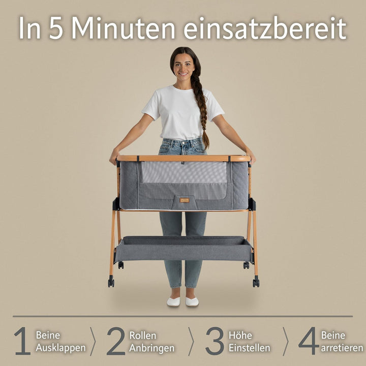 SnooBee Babybett Beistellbett Baby & Co-Sleeper – Höhenverstellbares Babybett mit Matratze, Rollen m