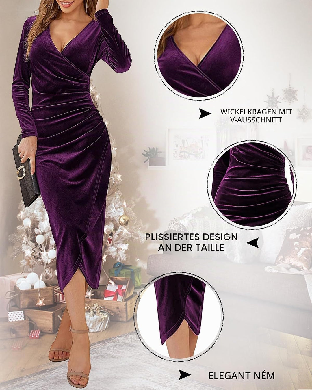 Yutdeng Winterkleid Damen Elegant Samtkleid Lang Abendkleid V-Ausschnitt Partykleid Bodycon Cocktail