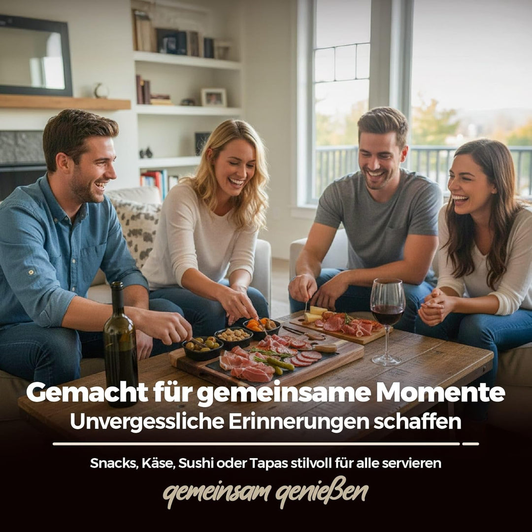Servierbrett Set aus Holz mit Schieferplatte – Käseplatte & Antipasti Platte inkl. Käsemesser und 3
