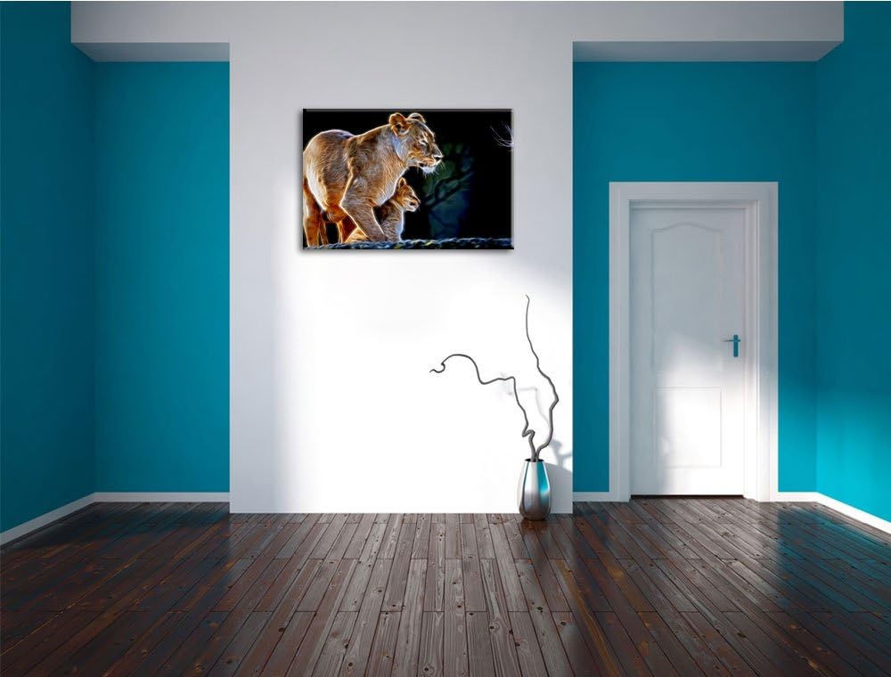 Dark Löwenmutter mit Jungtier Deluxe Format: 100x70 cm auf Leinwand, XXL riesige Bilder fertig gerah