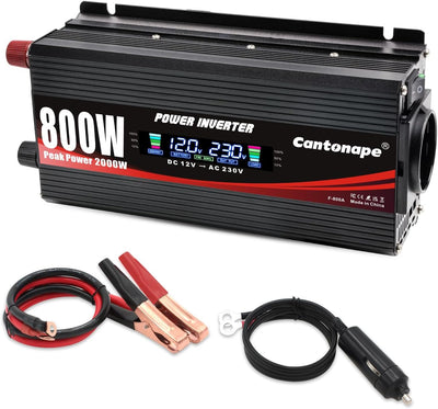 Cantonape 800W Auto Spannungswandler Wechselrichter DC 12V auf 220-230V Power Inverter LCD + 2 USB A