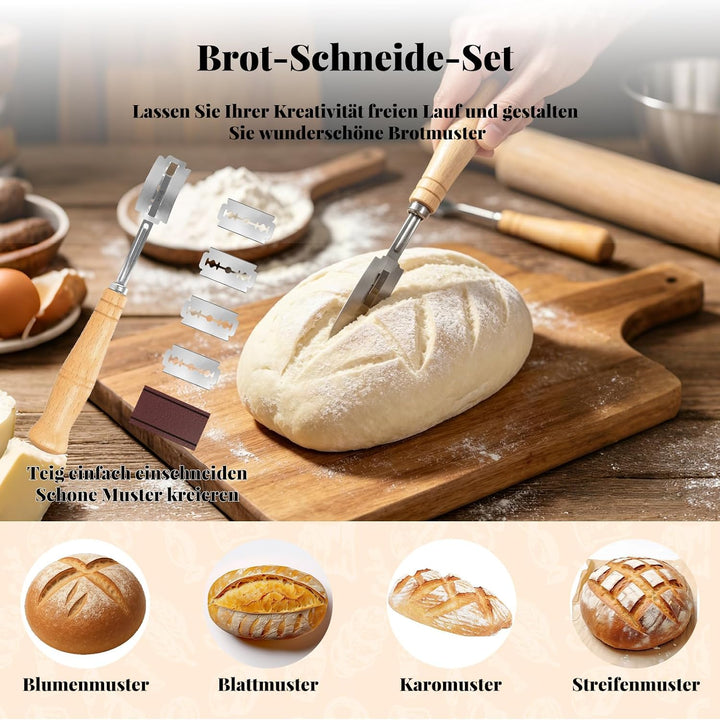 Sauerteig Starter Set mit 2 Gärkörbchen Natürlichem Rattan (25cm Ovale & 23cm Runde) 900ml Glasgefäs