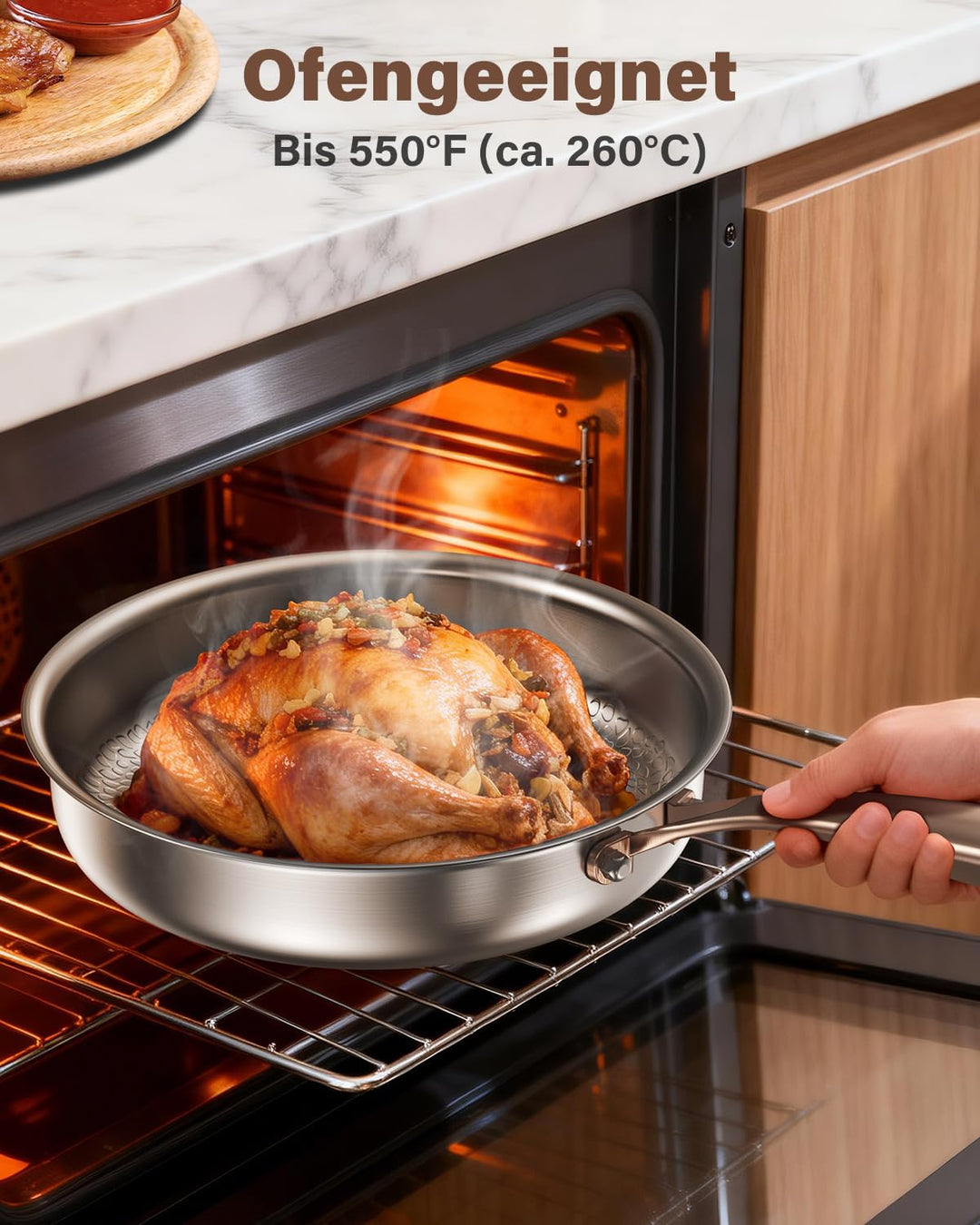Edelstahlpfanne 28cm unbeschichtet, Titan Pfanne Induktion, 18/10 Edelstahl Bratpfanne mit Roségoldg