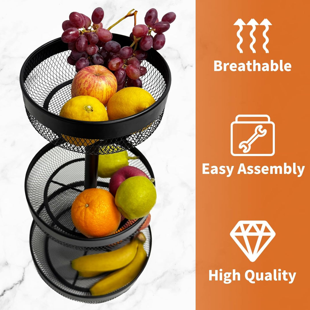 Afeeler 3-Stöckig runde Obst Etagere Schwarz, Elegante Obstkorb Brotkorb aus Metall, Obstteller Etag