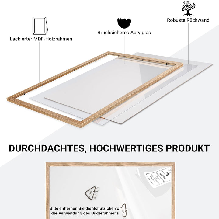 CABBEL 1x Bilderrahmen 60x80 cm Eiche Rahmen 1-Pack | Dokumentenrahmen, Collage, Poster | MDF Holz-P
