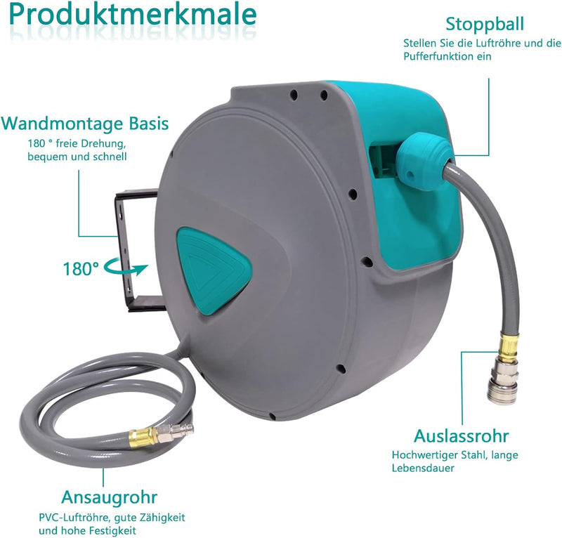 ROSEJANE 20m Druckluftschlauchtrommel 1/4" Anschluss Druckluftschlauch Aufrolle Automatisch Schlauch