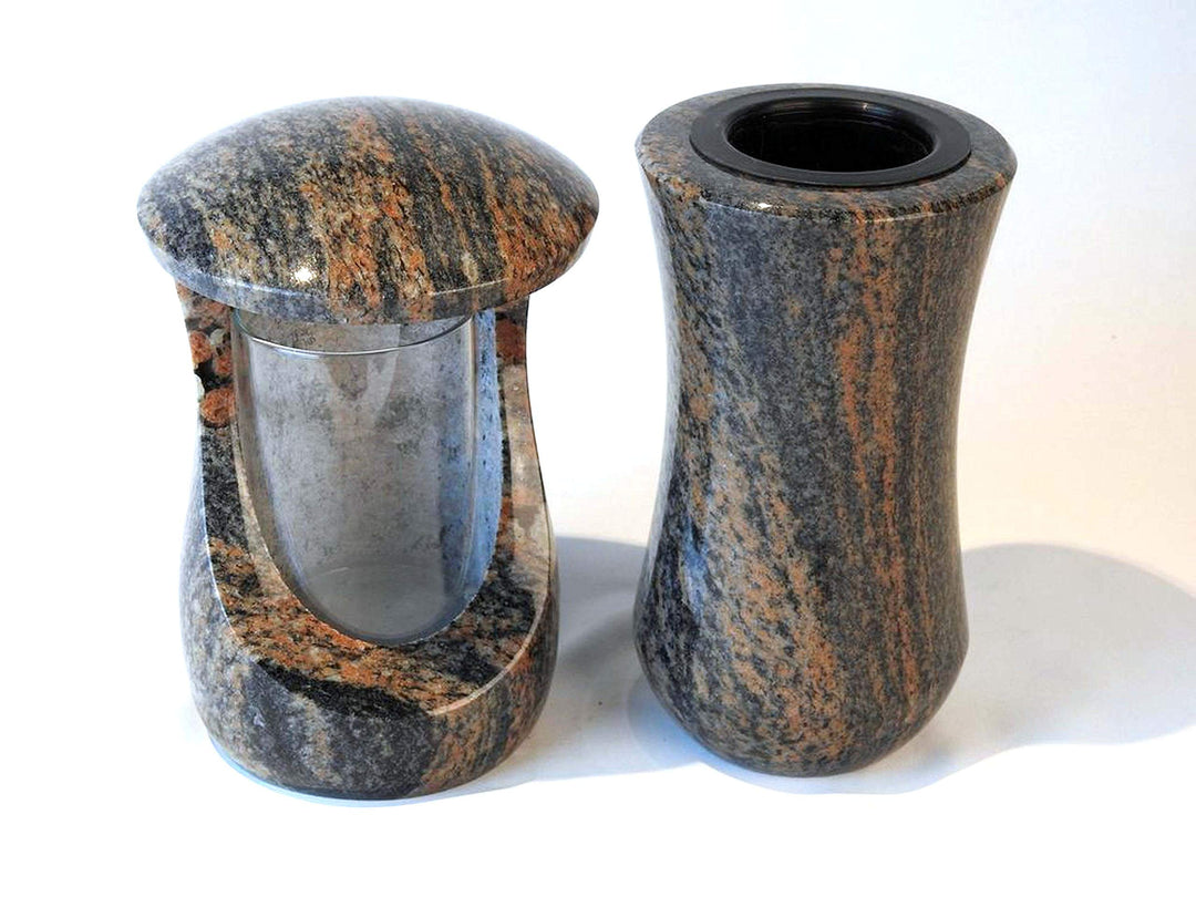 designgrab Grablampe Cerres und Grabvase Atria aus Granit Gneis Halmstad, Grabschmuckset Braun, Brau