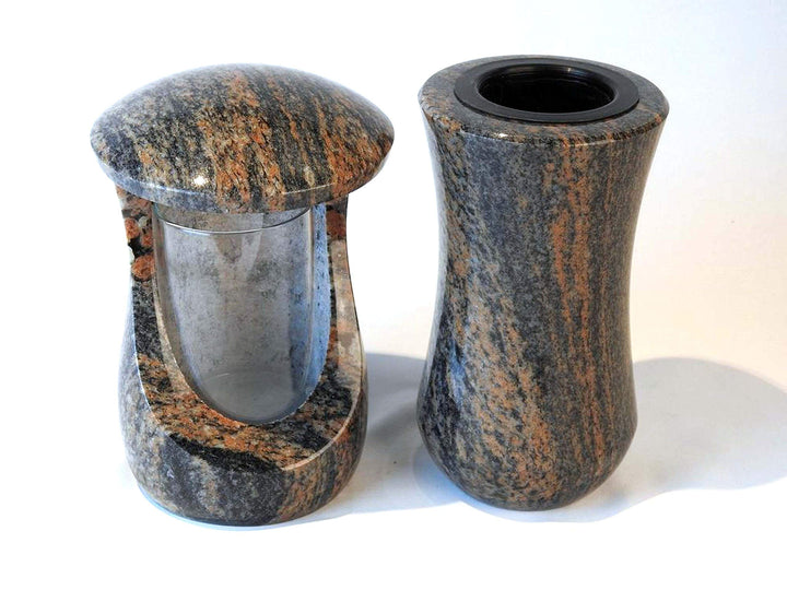 designgrab Grablampe Cerres und Grabvase Atria aus Granit Gneis Halmstad, Grabschmuckset Braun, Brau