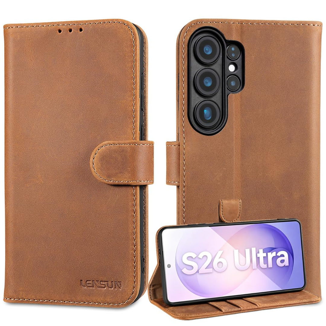 LENSUN Echtleder Hülle für Samsung Galaxy S26 Ultra, Handyhülle [Echtes Leder][RFID Schutz] Lederhül