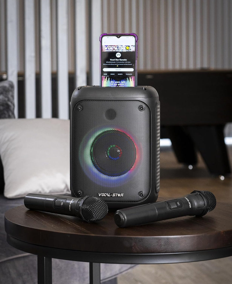 Vocal-Star Tragbare Karaoke-Maschine mit Bluetooth, 2 Mikrofone, 60-W-Lautsprecher, Lichteffekte, wi