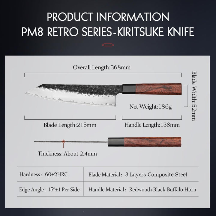 HEZHEN- 21,5CM Kiritsuke Messer,3 Schichten Verbundschmiedestahl Kochmesser,Professionelles japanisc