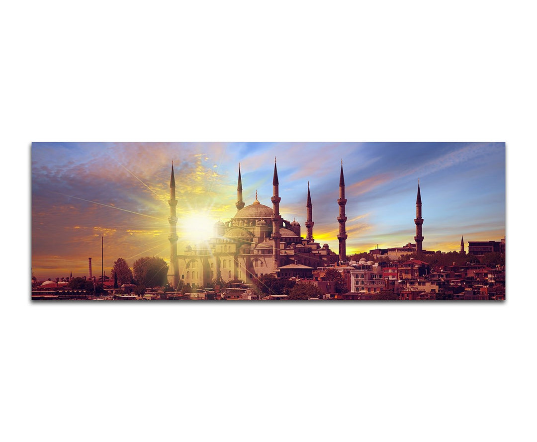 Paul Sinus Art Panoramabild auf Leinwand und Keilrahmen 150x50cm Istanbul Moschee Sonnenuntergang Wa
