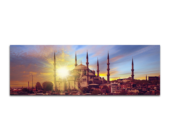 Paul Sinus Art Panoramabild auf Leinwand und Keilrahmen 150x50cm Istanbul Moschee Sonnenuntergang Wa