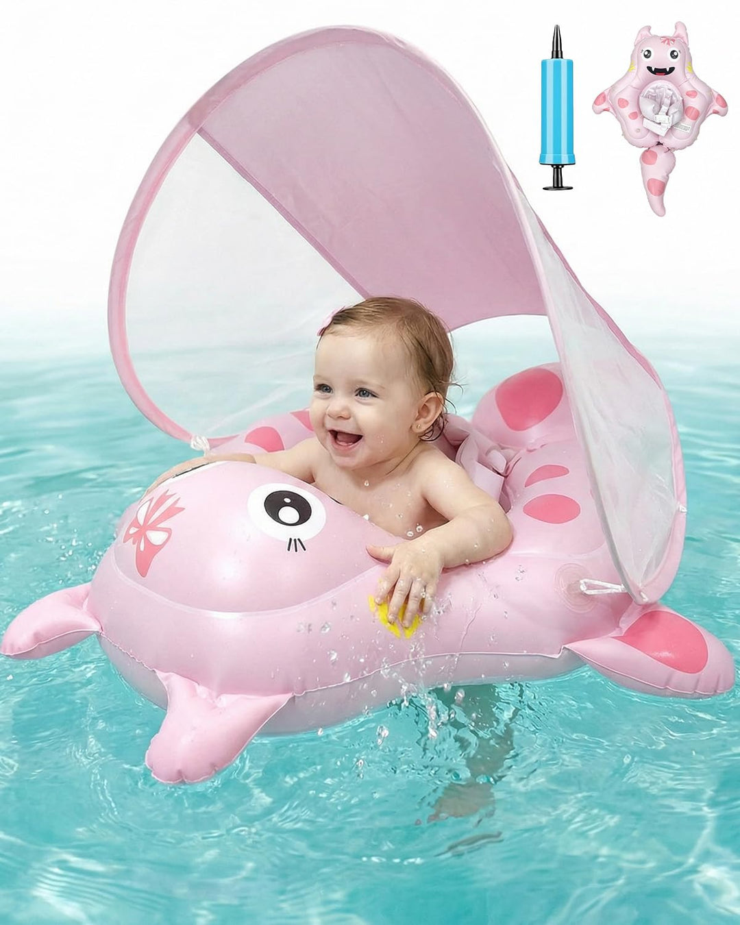 Baby Schwimmring mit UPF50+ Sonnendach Entfernbar, Premium Baby Float, Schwimmhilfe verstellbare Sch