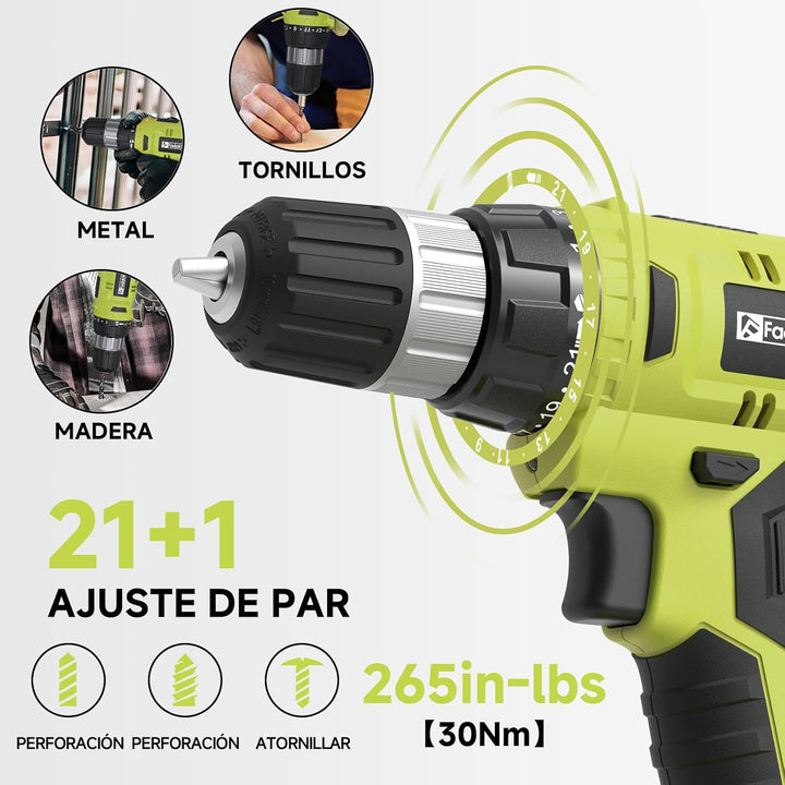 FADAKWALT Akkuschrauber, 20V Akku Bohrmaschine mit 2000 mAh Akku, 21+1 Drehmomentstufen, 60-tlg Akku