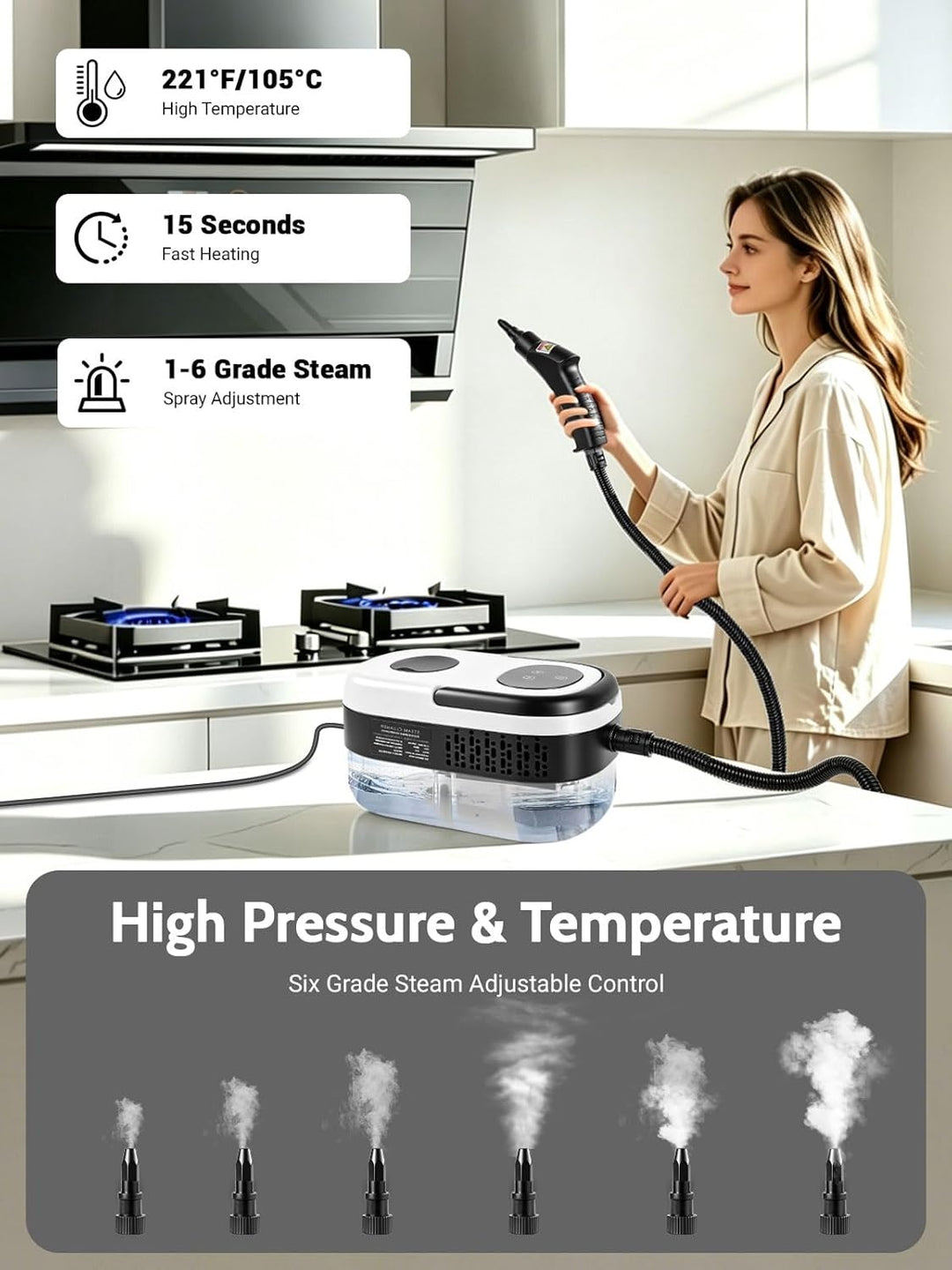 2500W Dampfreiniger Handgerät mit 6 Stufen Regelbar, 1200ml Wassertank, 105°C Hochdruckreiniger für