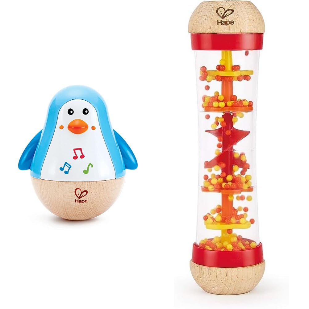 Hape E0331 - Stehauf-Pinguin, Stehaufmännchen mit Klang, blau, ab 6 Monaten & E0327 - Roter Regenmac