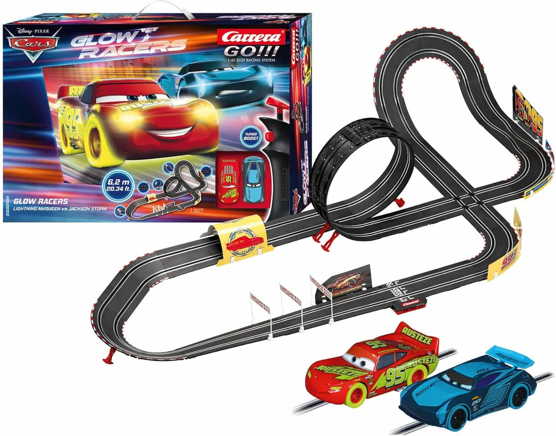 Carrera - 20062559 - Disney Cars Glow Racers I Klassische Rennbahn mit Disney-Farben I 24 Meter Stre