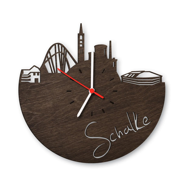 GRAVURZEILE Skyline Schalke Wanduhr aus geräuchertem Eichen-Holz - Design Uhr aus Echtholz - Origine