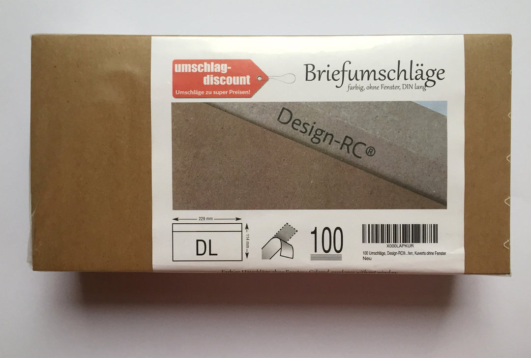 100 Umschläge, Design-RC®, aus Recycling-Papier in DIN lang = 229 x 114 mm (C6/5) mit Abziehstreifen