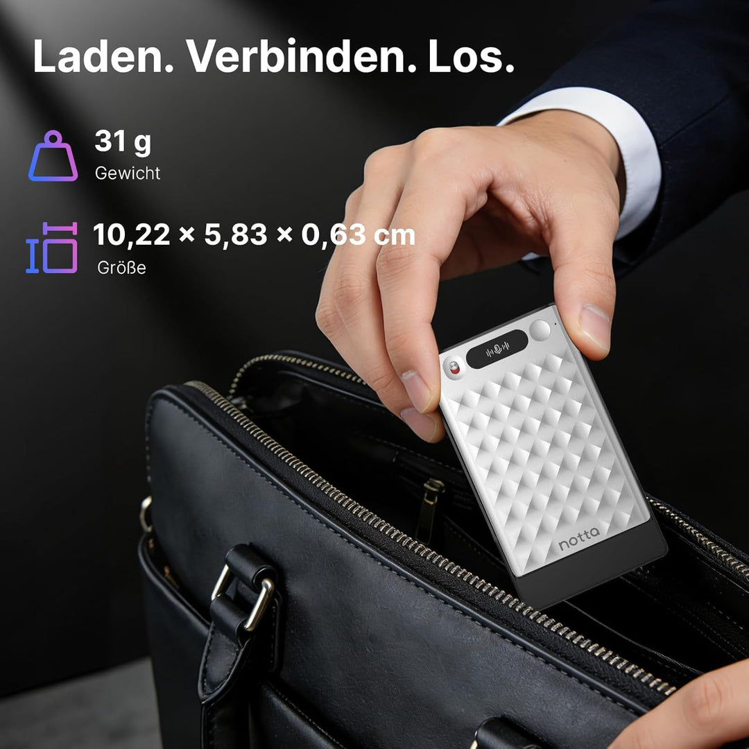 KI-Sprachrecorder, Notta Memo Digitales Diktiergerät(Silber), inkl. Memo MagBridge, KI-Transkription