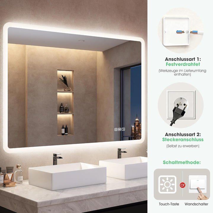 S'bagno Badspiegel-mit-Beleuchtung 120x70cm, Led-Badezimmerspiegel-mit-Bluetooth, Entfoggen, 3 Farbe