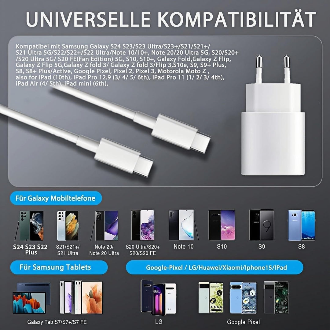 25W USB C Ladegerät 2er-Pack Schnellladegerät mit 2m Ladekabel für iPhone 17/16/15 Serie, USB C Netz