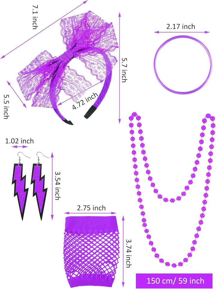 80 Jahre Kostüm Zubehör Set, T-Shirt Tutu Stirnband Ohrring Halskette Beinlinge XS Violett, XS Viole