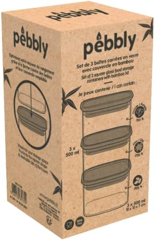 Pebbly PKV-034 3ER-Set QUADRATISCHE GLASBEHÄLTER MIT BAMBUSDECKEL-500ml, Borosilikatglas/Bambus, Tra