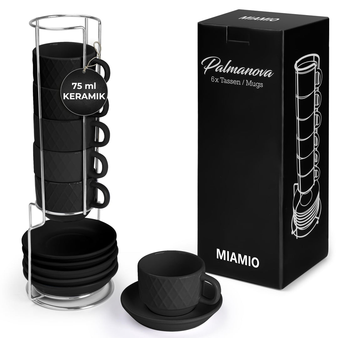 MIAMIO – 6 x 75 ml Espresso Tassen/Espressotassen Set mit Ständer Steingut Keramik - Palmanova Kolle