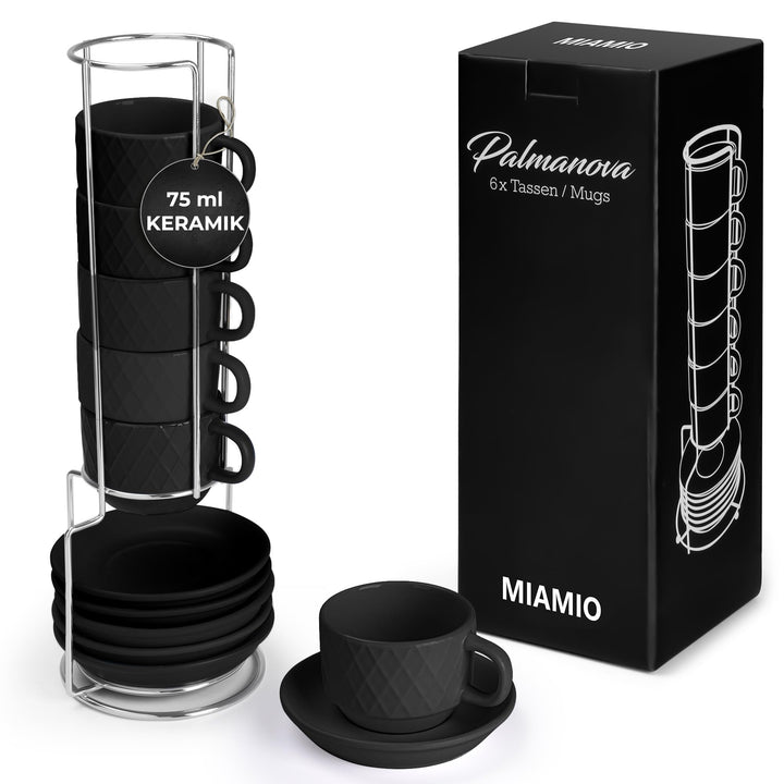 MIAMIO – 6 x 75 ml Espresso Tassen/Espressotassen Set mit Ständer Steingut Keramik - Palmanova Kolle