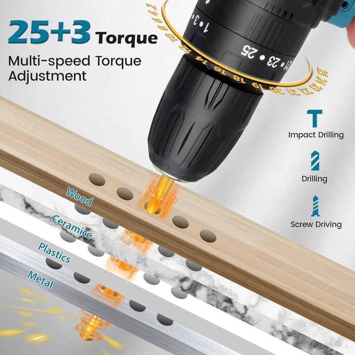 Akku Bohrschrauber Set 21V: Akkubohrer mit 2 Akkus 2000mAh,42Nm Max Drill Set 25+3 Paar, 24 Stück Bo