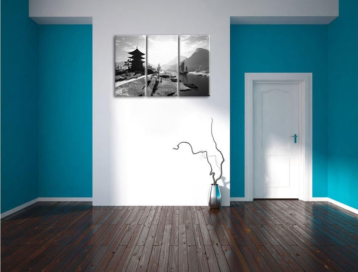Pixxprint asiatischer Tempel an Fluss als Leinwandbild/Grösse: 3 Teilig (120x80) cm/Wandbild/Kunstdr