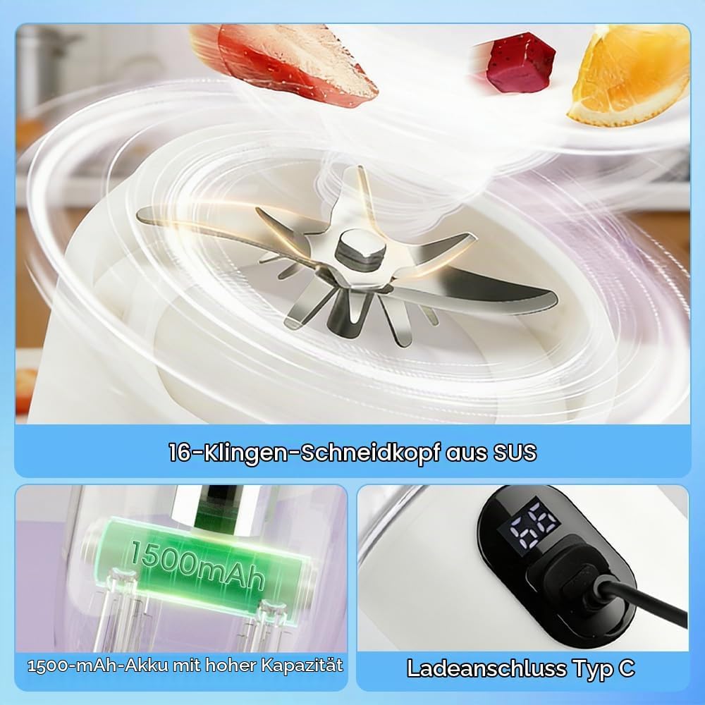 Foreverup Tragbarer Mixer, Smoothie Maker to Go für Smoothies und Shakes, Mini Standmixer Mit 16 Kli