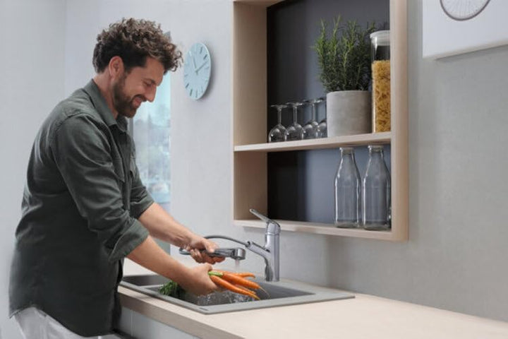 hansgrohe Küchenarmatur mit Schlauchbox (Wasserhahn Küche 120° schwenkbar, hoher und ausziehbarer Au