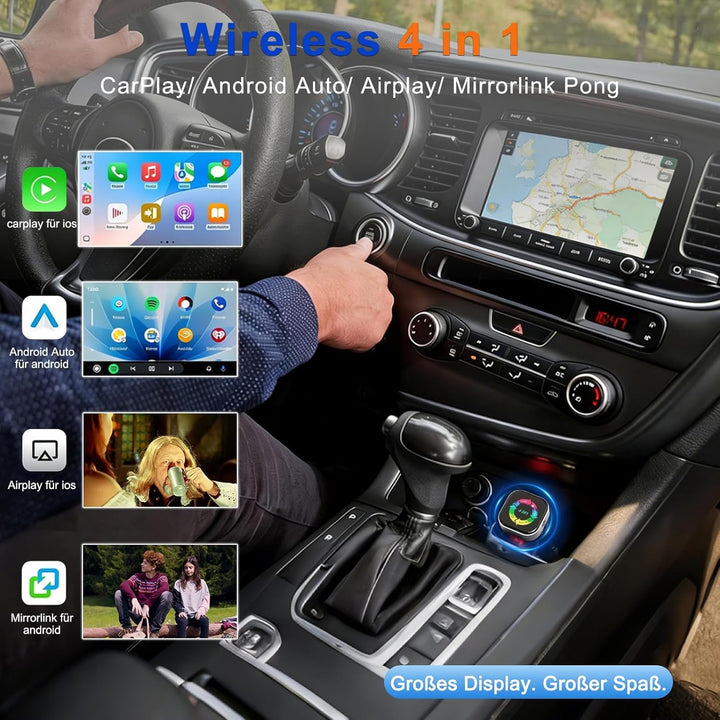 4-in-1 Wireless CarPlay Adapter- Drahtloses CarPlay + AirPlay + Android Auto + MirrorLink | Plug-&-P