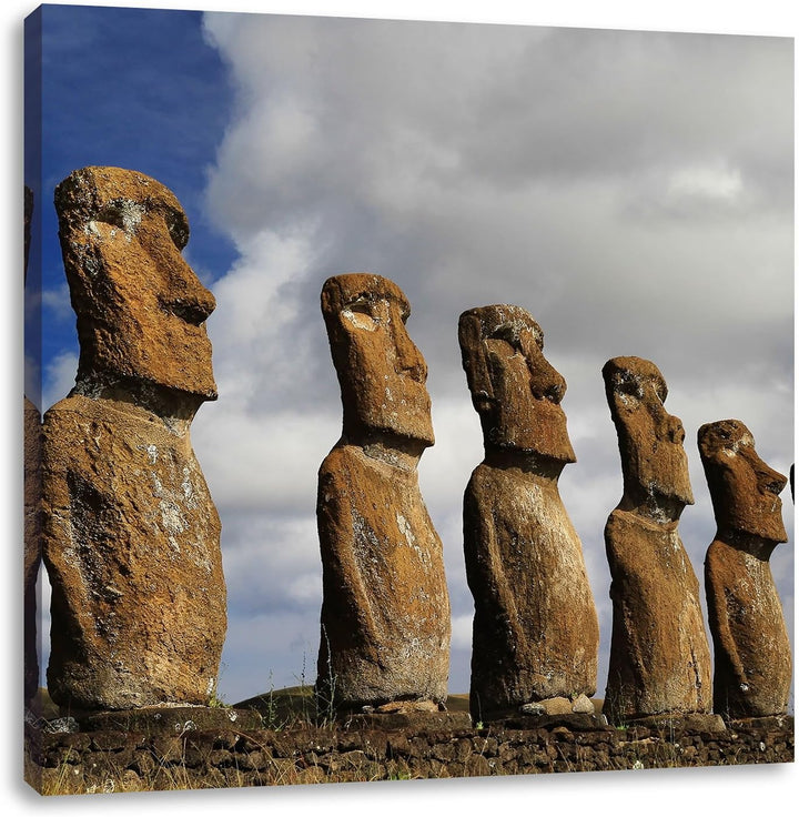 Pixxprint Moai Statuen auf den Osterinseln, Format: 70x70 auf Leinwand, 70x70