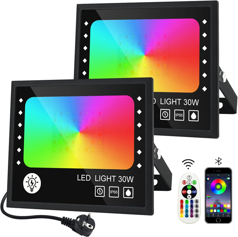 RGB Strahler 30W, RGB LED Strahler 2er mit 16 Millionen Farben 28 Modi Farbwechsel Dimmbar, Fernbedi