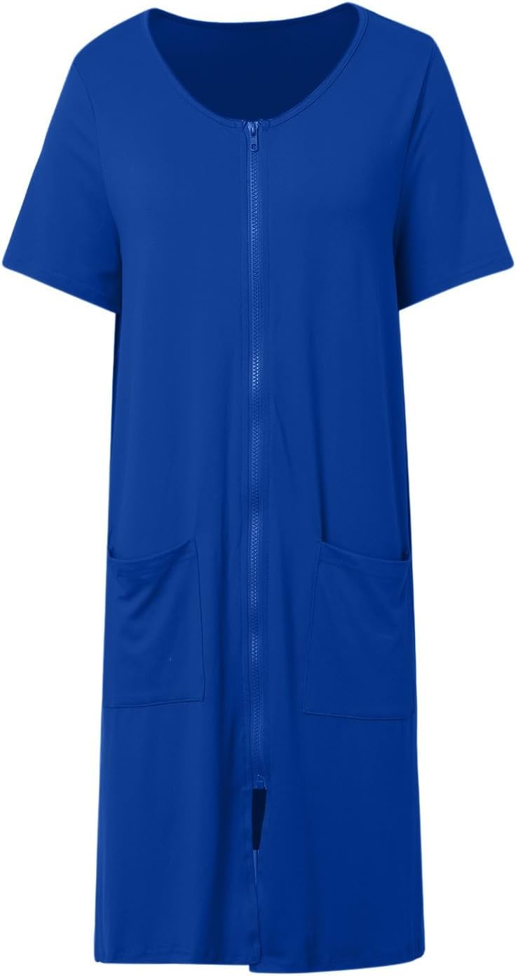 Generisch Bademanteldamen Bequemer Freizeitrock Lockerer Pyjama Kurzarm Nachthemd Tasche Blau XL, Bl