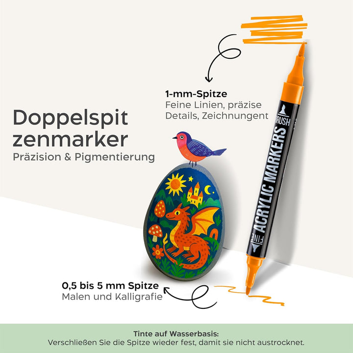 Zenacolor - 72 Farben Acrylstifte für Steine Wasserfest - mit Doppelspitze - Feine und Pinsel - Für