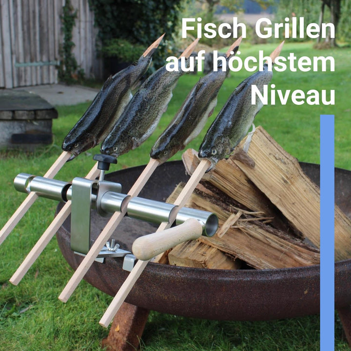 Premium Steckerlfisch Halter für Feuerschale - Platz für 4 Fische - Fisch Grill Aufsatz passt auf Je