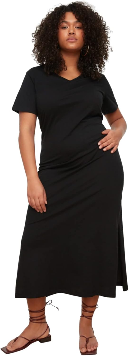 Trendyol Damen Midi-Jersey, Normale Passform, Gestrickt, Übergrösse Kleid, XXL Große Grö&#