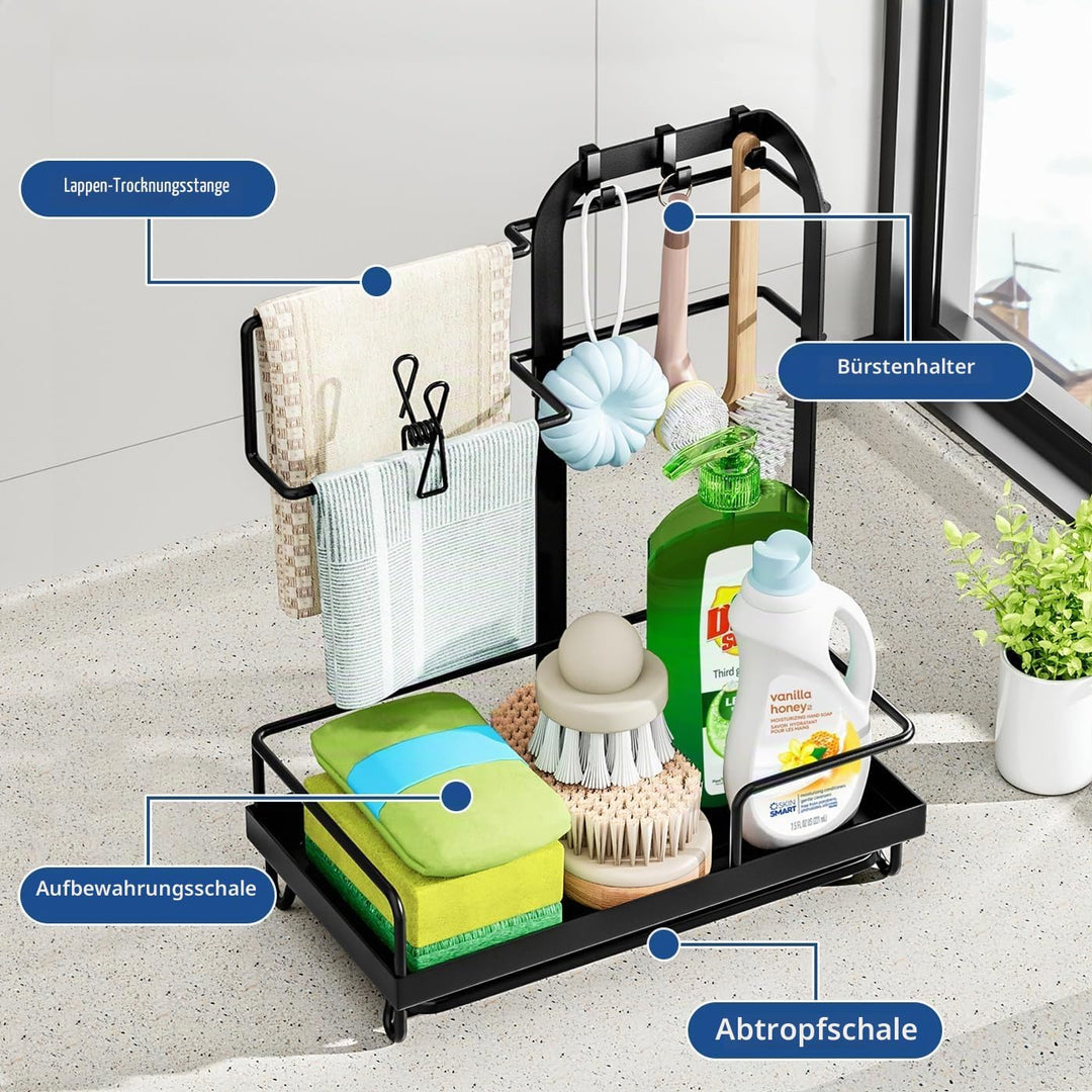 Küchen Spülbecken Organizer, Schwarz Spüle Organizer mit Abflusspfanne, Gross Waschbecken Schwammhal