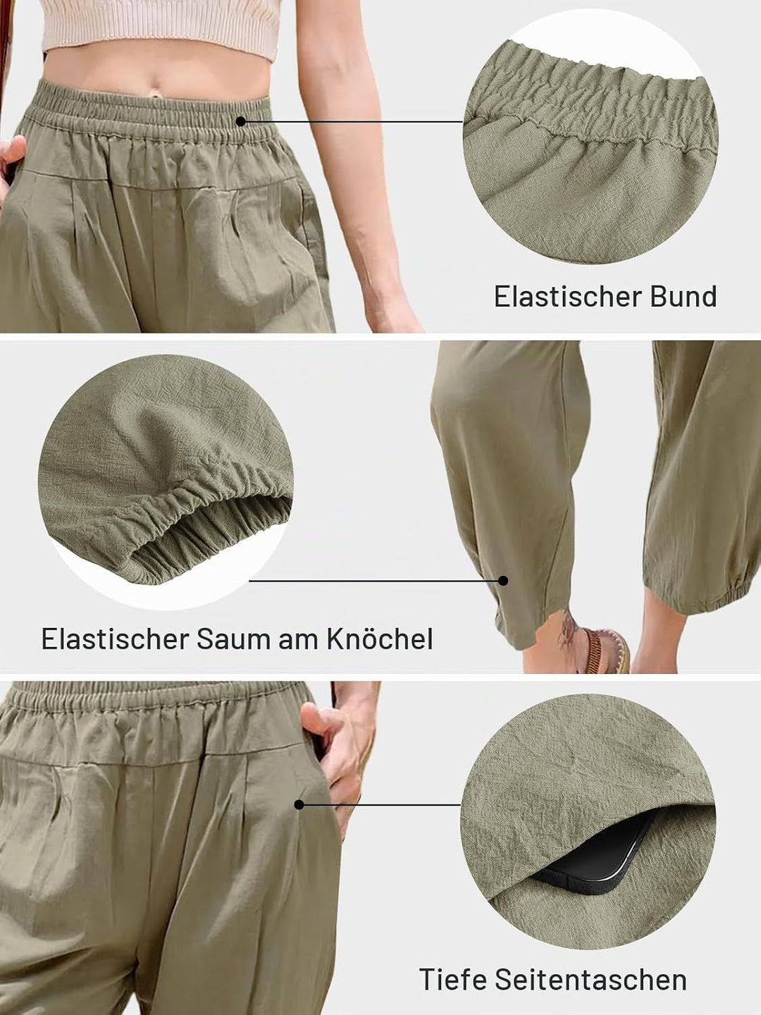Les umes Damen Baumwolle Casual Capri Hose Elastische Taille Sommer Hose Haremhose mit Taschen M Grü