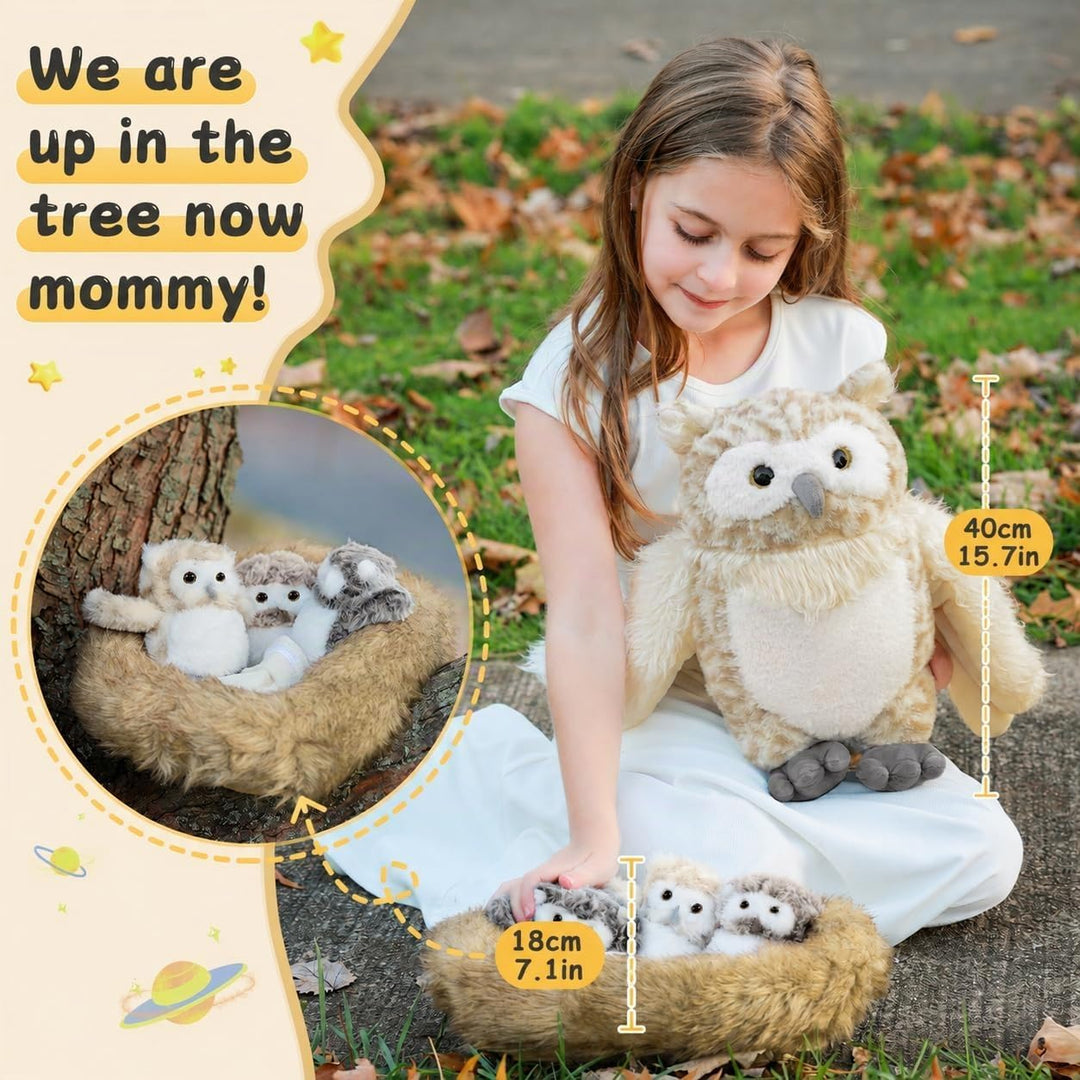 MorisMos gross Eule Kuscheltier XXL Set, 40cm hoch riesen Eule Kuscheltier mit 3 Babys im Bauch, owl