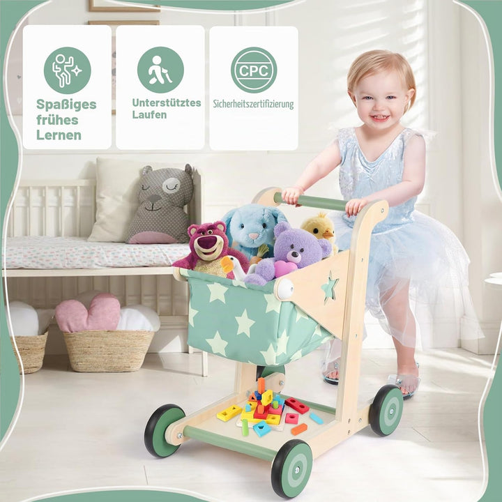Asweets 2-in-1 Lauflernwagen Holz, Puppenwagen zum Schieben und Ziehen, Baby Walker, Kleinkindspielz
